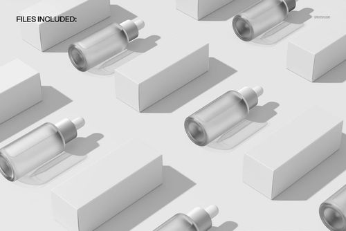 Minimalist mockup showing several glass serum bottles and matching white boxes laid out in a repeating grid, top perspective.