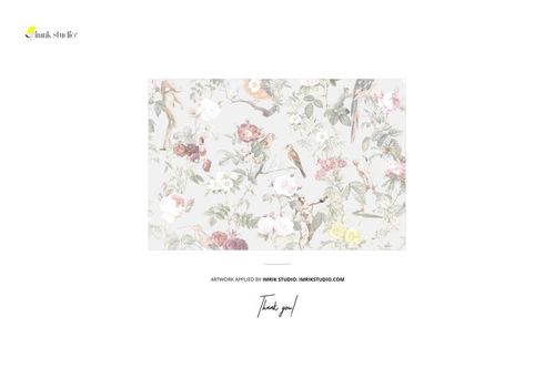 Front view of a canvas print mockup featuring a botanical and bird pattern with soft pastel colors on a light background.