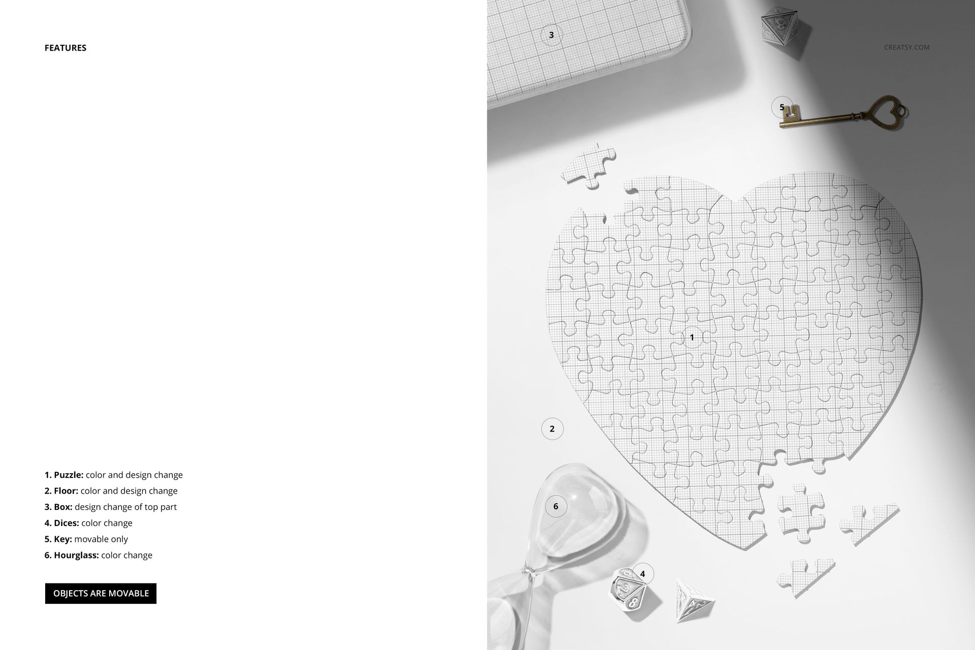 Heart-shaped jigsaw puzzle mockup displayed on a table with scattered puzzle pieces, key, and hourglass props.