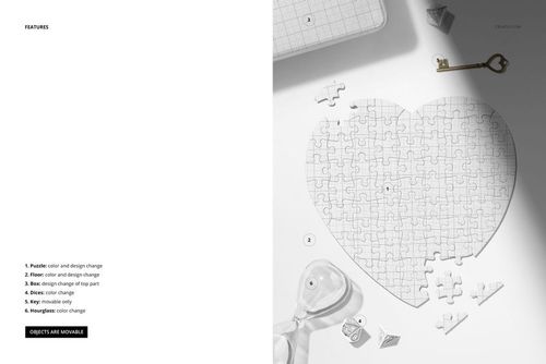 Heart-shaped jigsaw puzzle mockup displayed on a table with scattered puzzle pieces, key, and hourglass props.