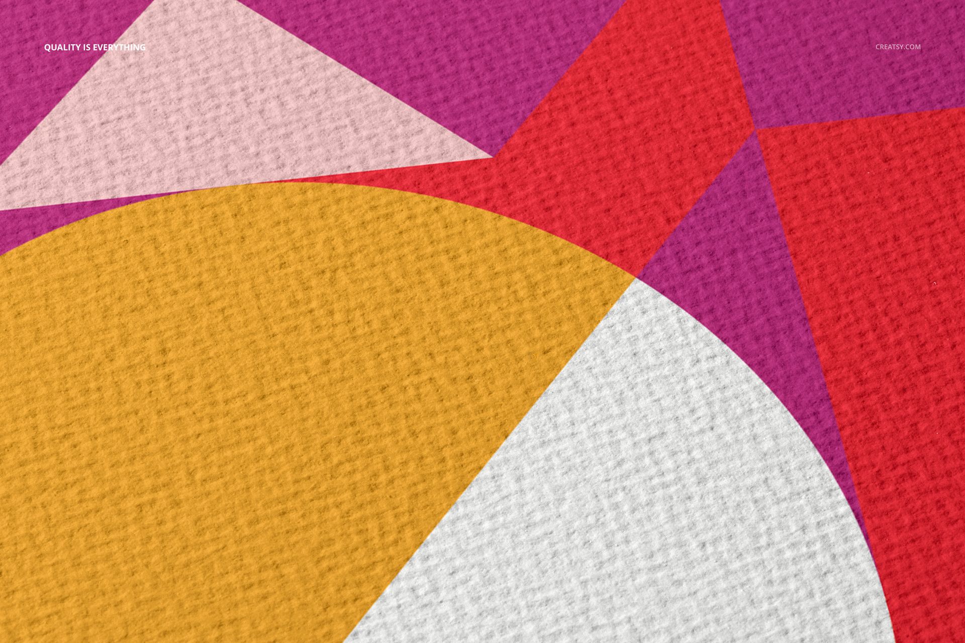 Close-up view of a fine art print mockup featuring textured watercolor paper with abstract geometric shapes in yellow, white, pink, and red.