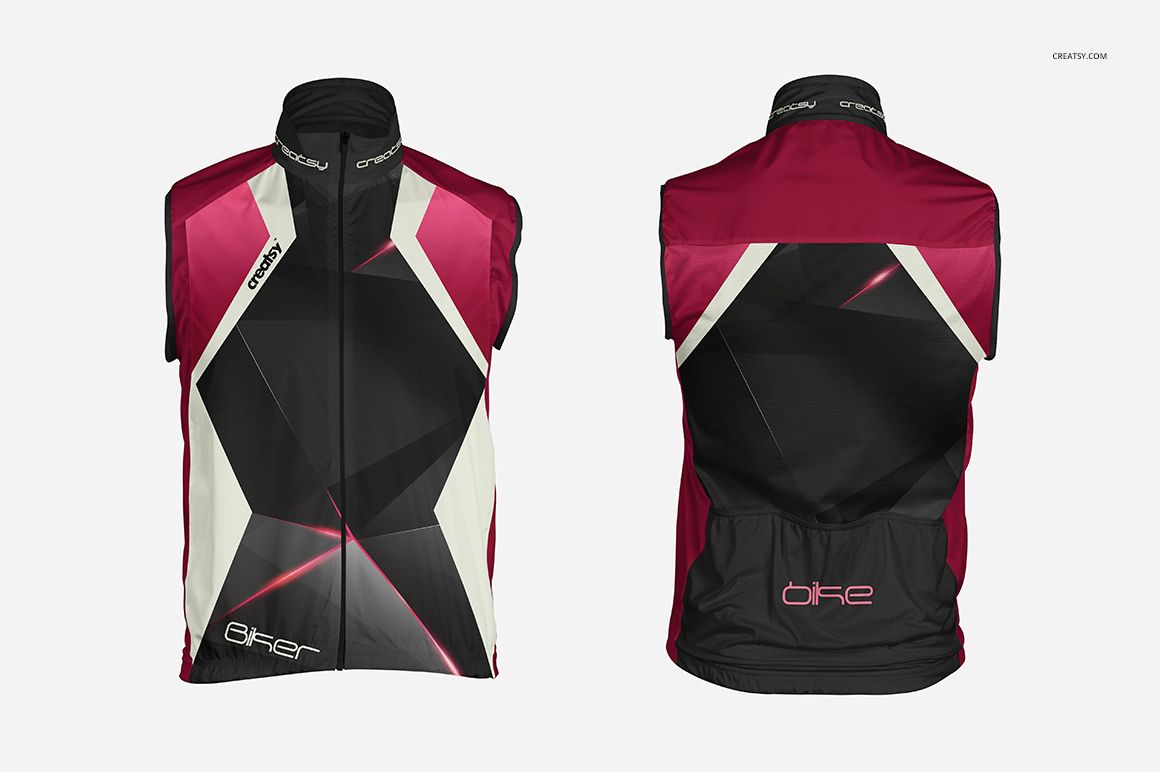 Front and back view of a cycling vest mockup with geometric black, burgundy, and cream color blocks on a plain background.