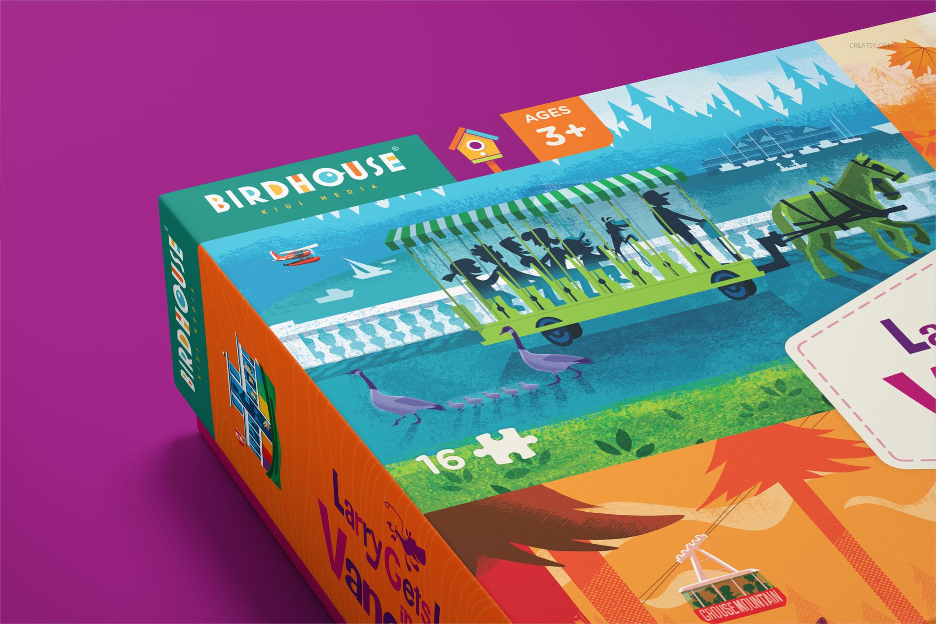Puzzle game box mockup with vibrant artwork showing animals, carriage, and trees against a purple background.