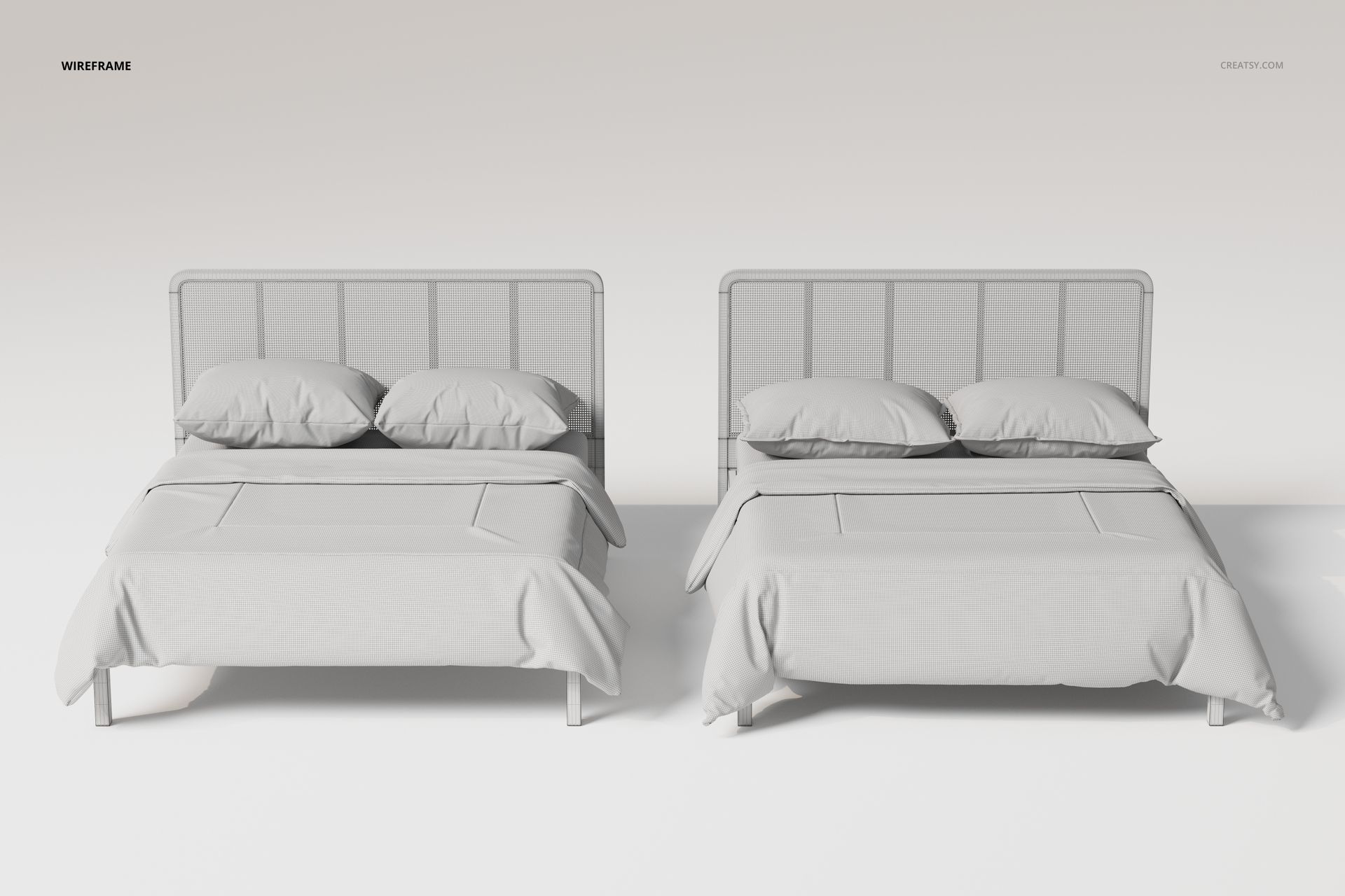 Rattan Headboard Beds with 2 Different Bedding Sets 3D Model - mockup screenshot 5