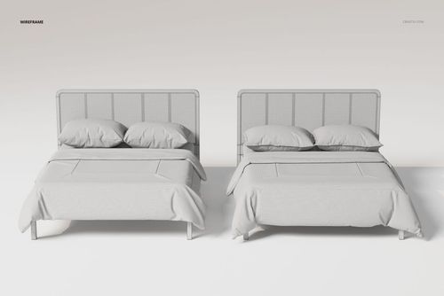 Front view of two rattan headboard beds with different bedding sets in a neutral 3D-rendered scene.