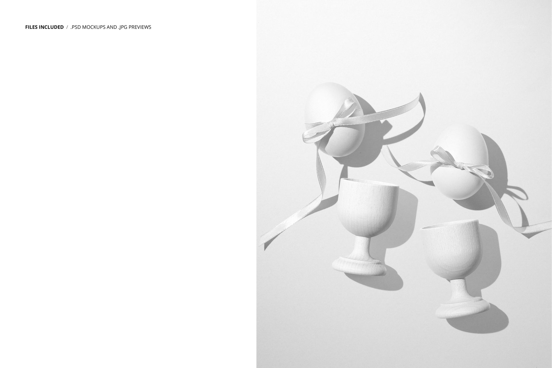 PSD mockup featuring white decorative eggs with bows and textured egg cups, displayed from above on a neutral surface.