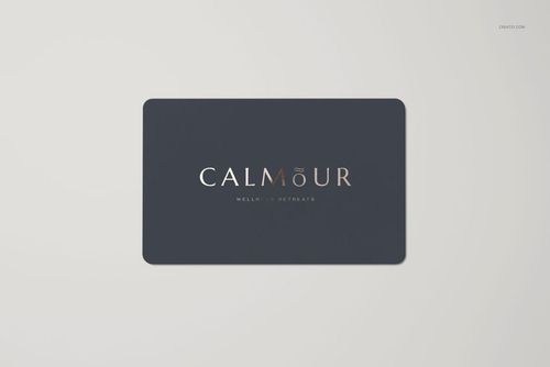 Rectangular gift card mockup with rounded corners, featuring a dark navy background and centered metallic text.