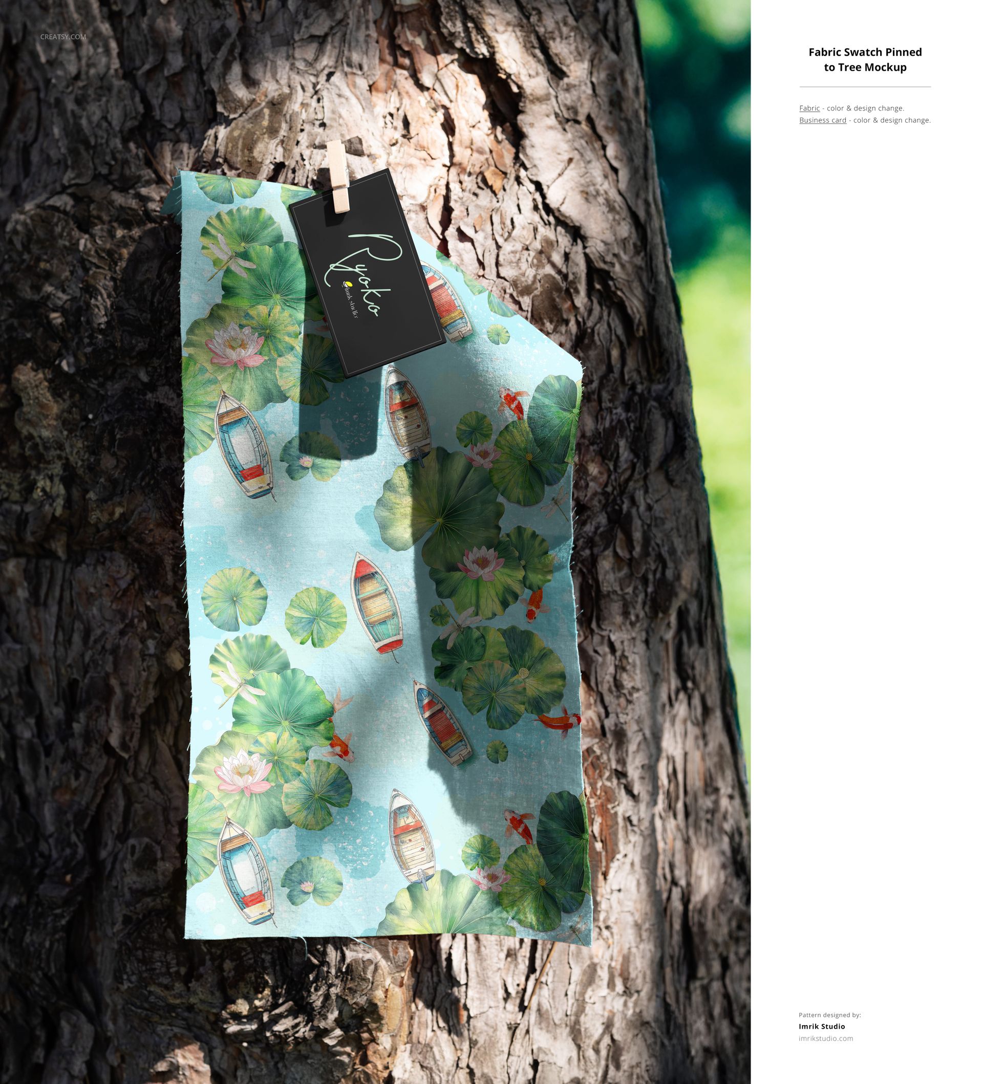 PSD mockup of a patterned fabric swatch clipped to a tree, displaying floral and boat motifs in daylight.