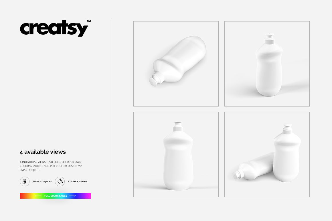 Four white dishwashing liquid bottles shown from different angles on a plain light background, mockup set layout.