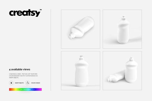 Four white dishwashing liquid bottles shown from different angles on a plain light background, mockup set layout.