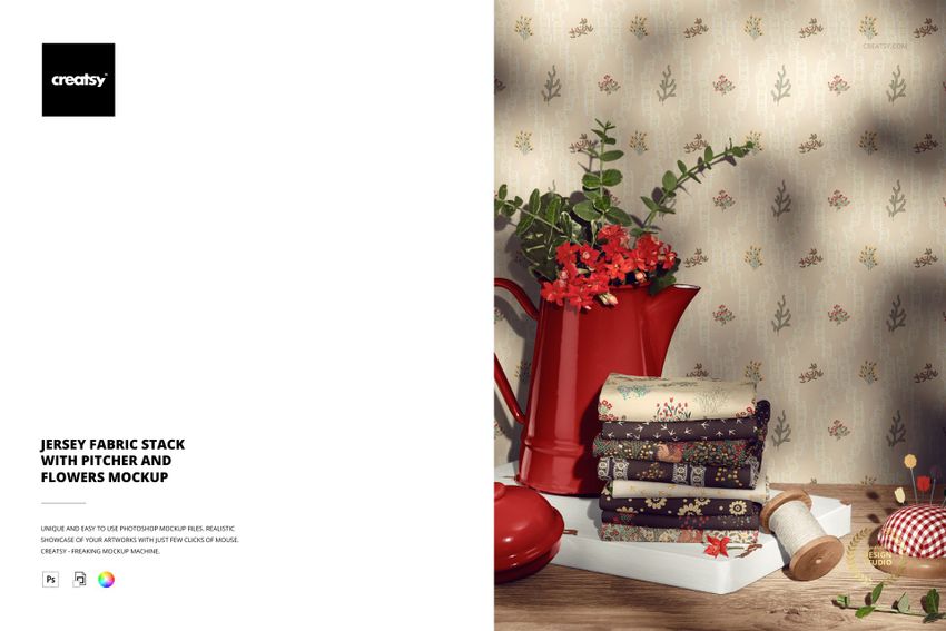 Jersey Fabric Stack with Pitcher and Flowers Mockup - mockup screenshot 1