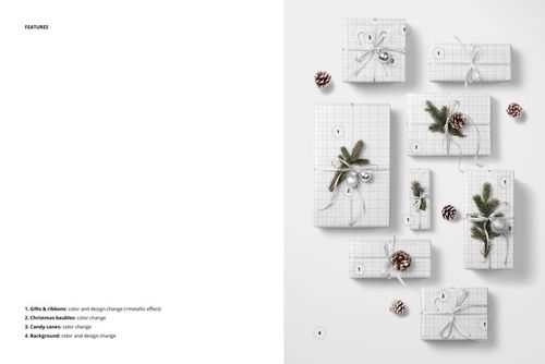 Christmas gifts mockup featuring eight rectangular and square boxes with white grid wrapping, festive ribbons, and seasonal decorations.