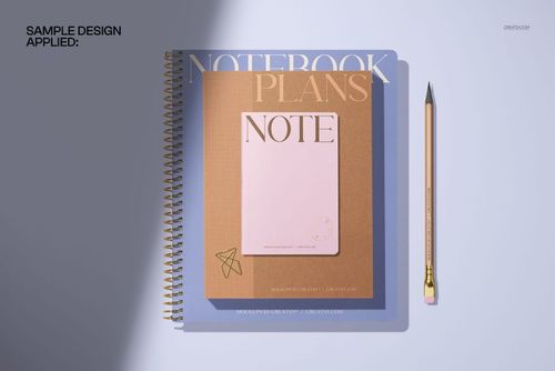 Top view of a spiral notebook planner and a small notebook mockup on a flat surface, with a pencil beside them.