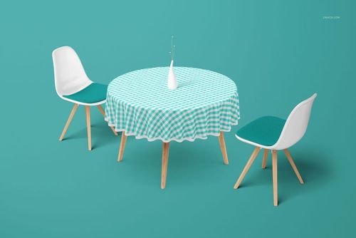 PSD mockup of a round table covered with a teal and white checkered cloth, two chairs, and a vase centerpiece.