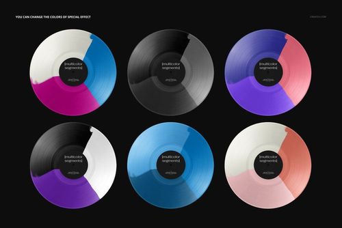 PSD mockup showing six vinyl records with unique multi-color segment effects, arranged in a grid layout.