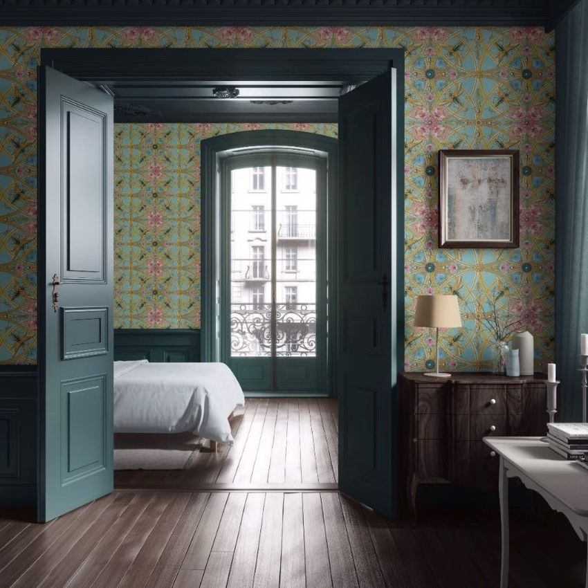 Apartment wallpaper mockup showing a bedroom with ornate patterned wallpaper in yellow and blue, teal doors, and wooden floors.