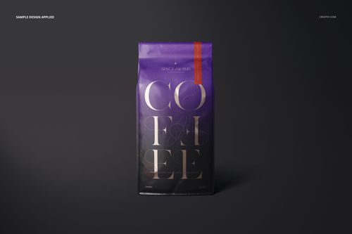 Glossy coffee bag mockup standing upright on a dark surface, featuring a purple design with bold lettering.