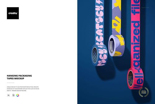 Hanging packaging tapes mockup showing three rolls with vibrant designs suspended in a studio setting, front perspective.
