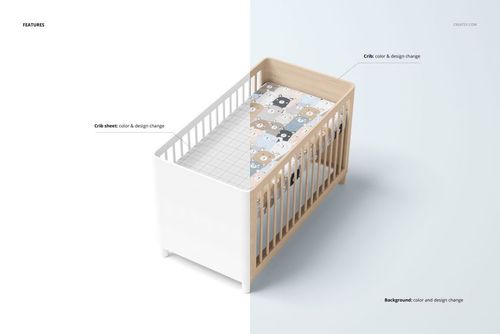 Top view of a wooden crib with white rails, featuring a crib sheet mockup showing a bear pattern and grid design.