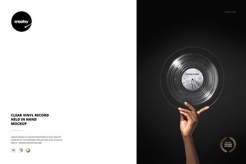 PSD mockup featuring a clear vinyl record gripped by fingers, highlighting its see-through design and label details.