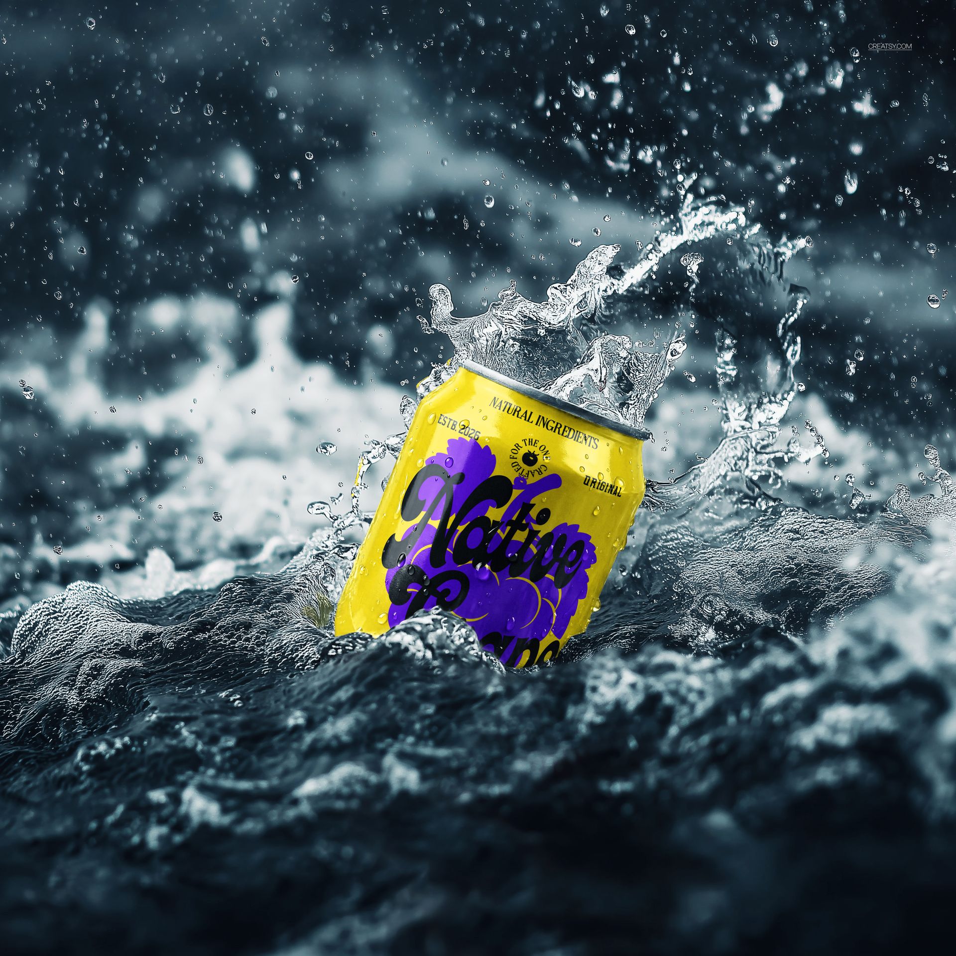 PSD mockup showing a yellow beverage can with purple design splashing in dark water, close-up perspective.