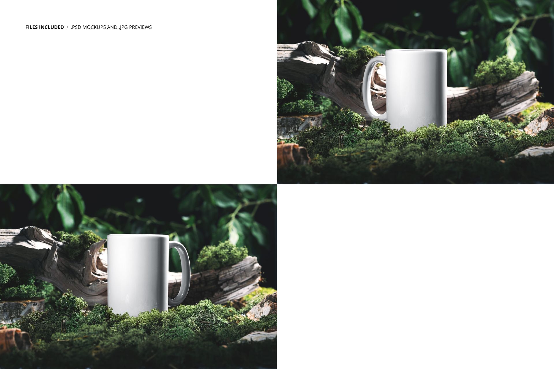 15 oz mug mockup set against natural moss, wooden branches, and greenery, showing a realistic outdoor environment.