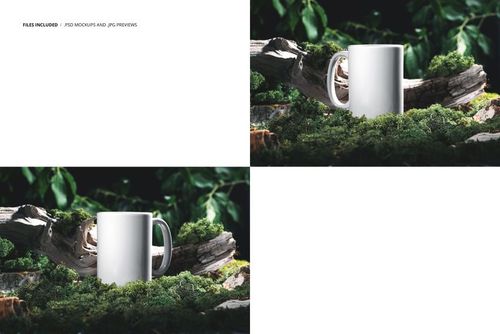 15 oz mug mockup set against natural moss, wooden branches, and greenery, showing a realistic outdoor environment.