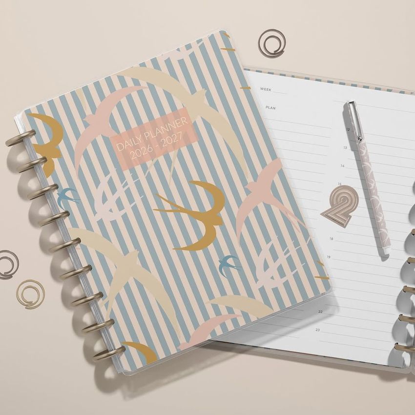 Top view of two spiral planners on a beige surface, one closed with a striped and abstract bird cover, the other open with a pen.