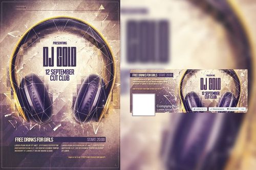 Mockup showing a gold headphones poster and Facebook timeline cover with bold graphic elements and purple tones.