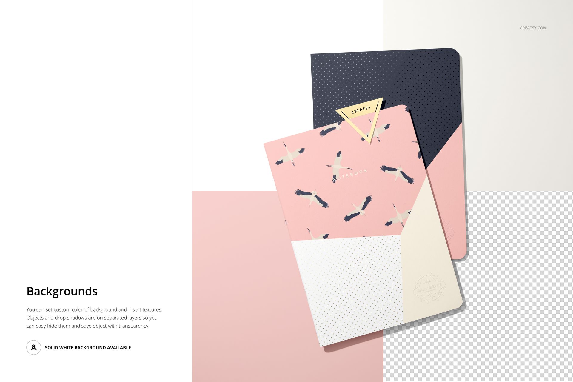 Notebook mockup featuring two stationery items with pastel geometric covers, shown from a top perspective on a split background.