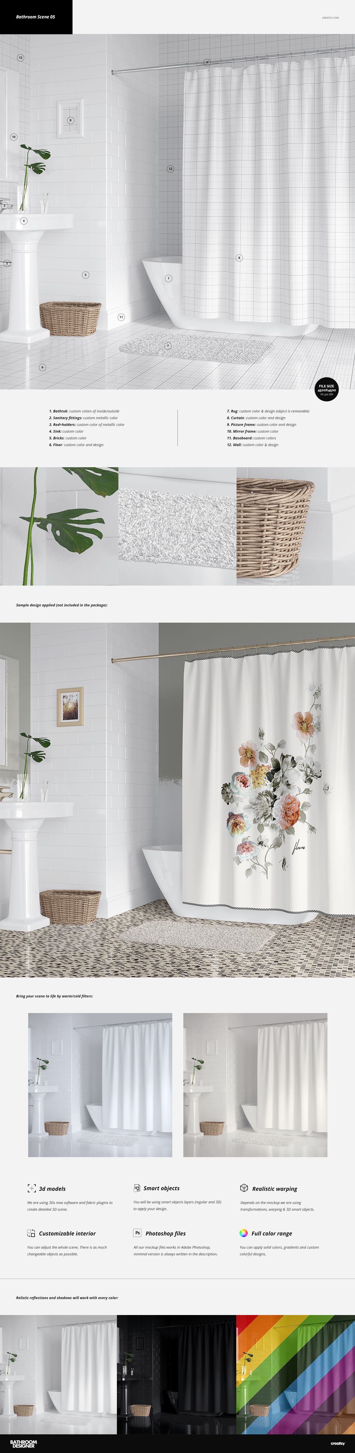 Bathroom mockup featuring a white shower curtain, wicker basket, and pedestal sink in a tiled interior, front view.