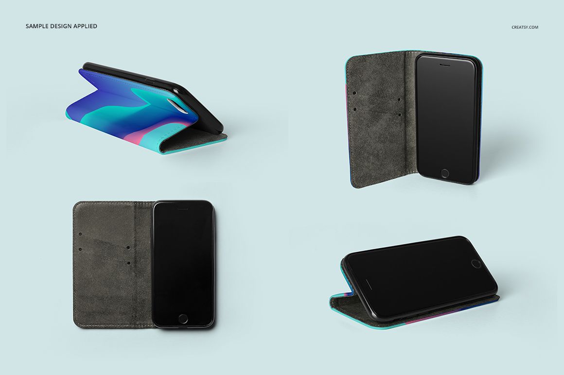 iPhone 8 foldable case mockup shown open and closed, highlighting textured gray lining and vibrant outer pattern.