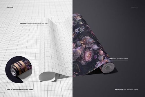 Rolled non-woven vinyl wallpaper mockup with floral pattern on dark background, shown from an angled front view.