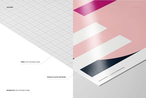 Split view of an A3 fine art print mockup showing a grid paper texture on the left and a colorful geometric print with border on the right.