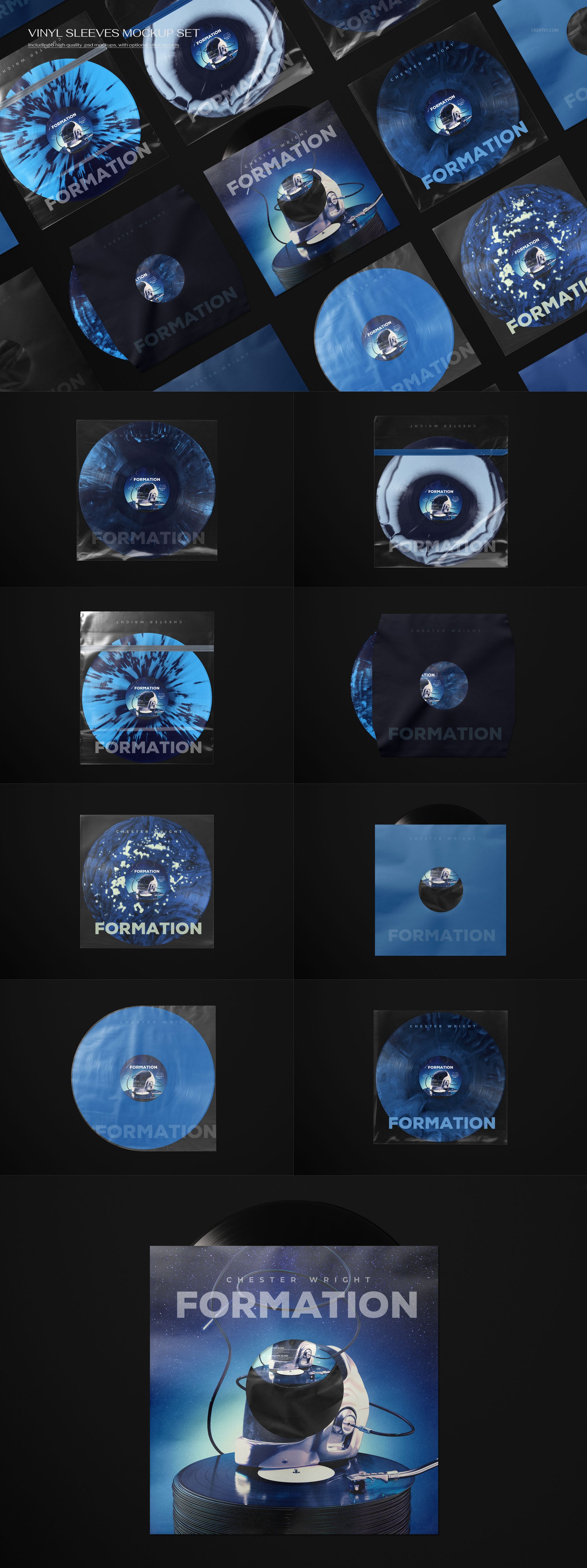 Collection of vinyl record mockups with various blue and black album covers, shown in a flat lay arrangement.
