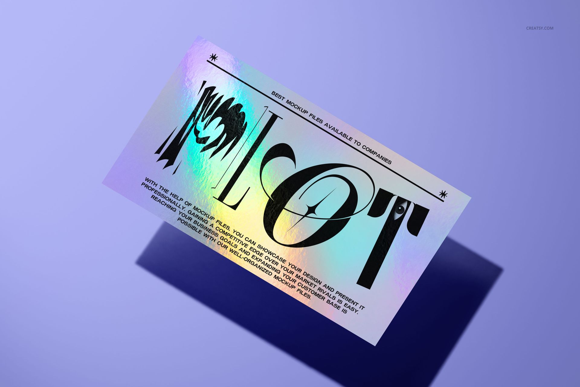 Holographic business card mockup featuring iridescent colors and large black lettering, angled on a purple surface.