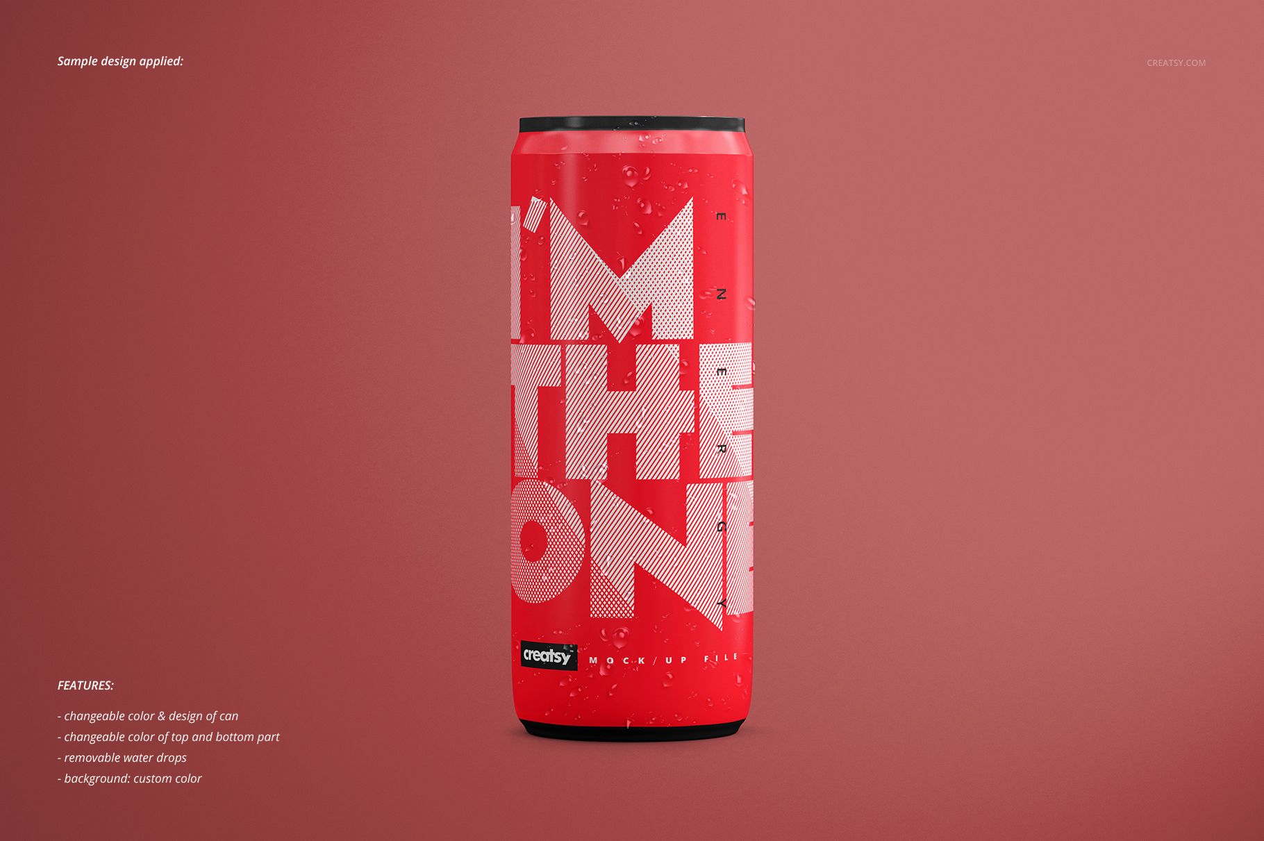 Front view of a red energy drink can mockup with bold white text and water droplets on a solid background.