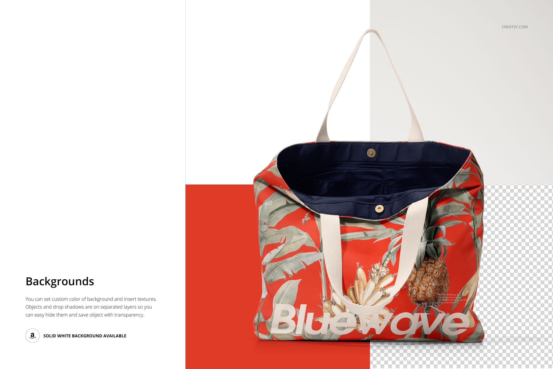 Front view of a natural cotton market tote bag mockup with a tropical leaf and pineapple pattern on a red background.