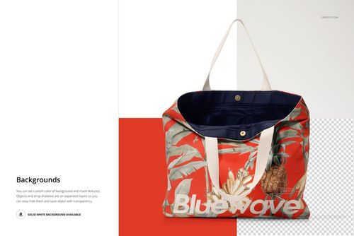 Front view of a natural cotton market tote bag mockup with a tropical leaf and pineapple pattern on a red background.