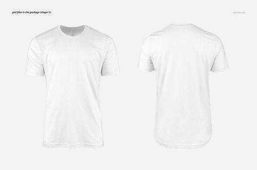 Men's T-shirt mockup showing a plain white short-sleeve shirt from both front and back views on a light background.