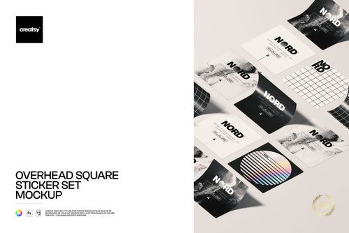 Square sticker PSD mockup showing assorted sticker designs in grayscale and grid patterns on a neutral background.