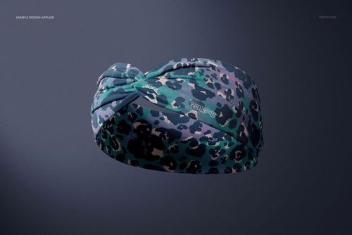 Faux knot headband with a multicolored leopard print pattern displayed on a dark background in a PSD mockup.