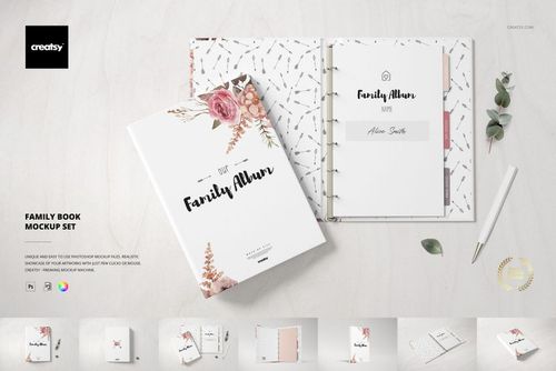 Mockup set of family books with one open to a title page and the other closed, surrounded by subtle decorative elements.