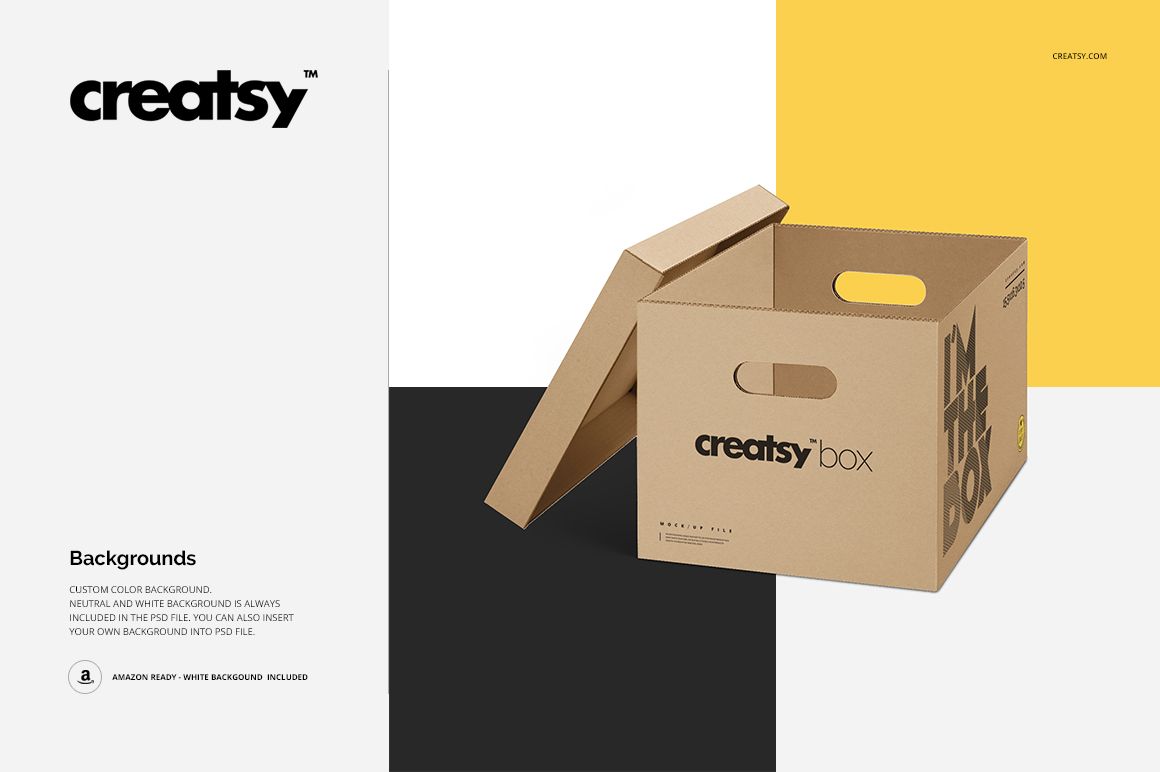 Front view of a brown moving box mockup with open top, placed on a white surface with black and yellow panels.