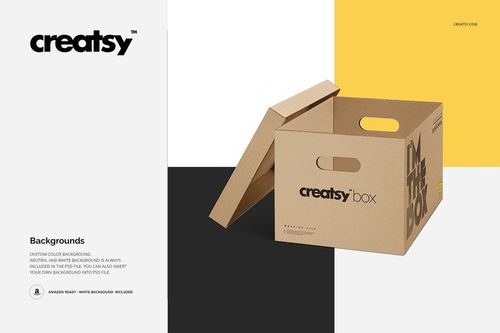 Front view of a brown moving box mockup with open top, placed on a white surface with black and yellow panels.