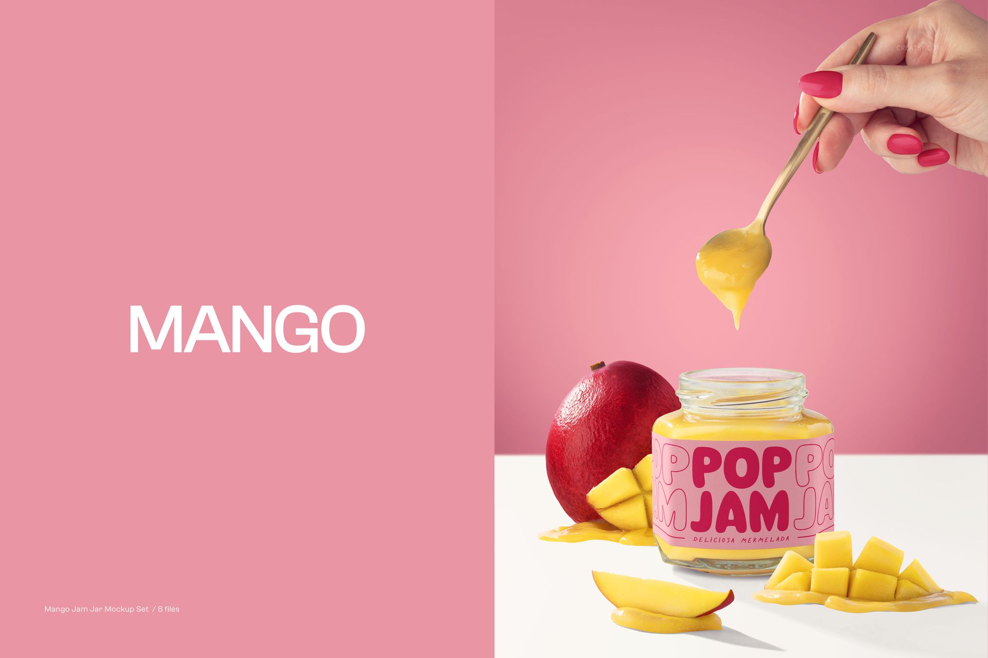 Front view of a mango jam jar mockup with a pink label, surrounded by mango slices and a whole mango on a white surface.