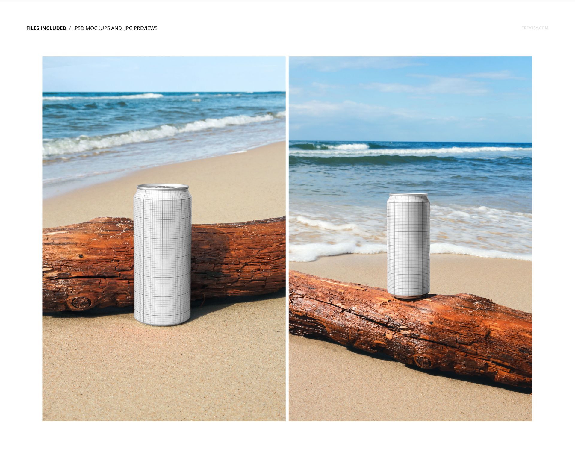 Mockup of a 330ml can featuring a grid overlay, placed on sand next to a log with blue sea and sky behind.