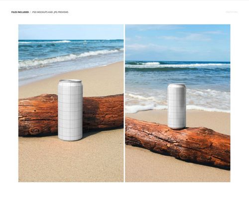 Mockup of a 330ml can featuring a grid overlay, placed on sand next to a log with blue sea and sky behind.