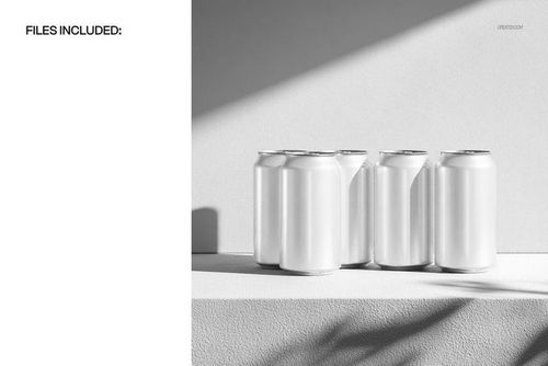 Front view of six silver soda cans grouped together on a white platform with strong shadows in a mockup scene.