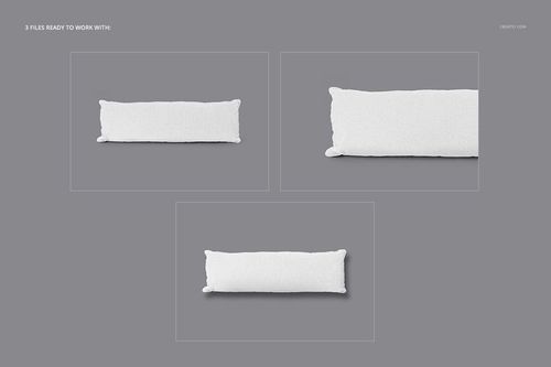 Long rectangular pillow mockup displayed in three different perspectives on a plain gray background.